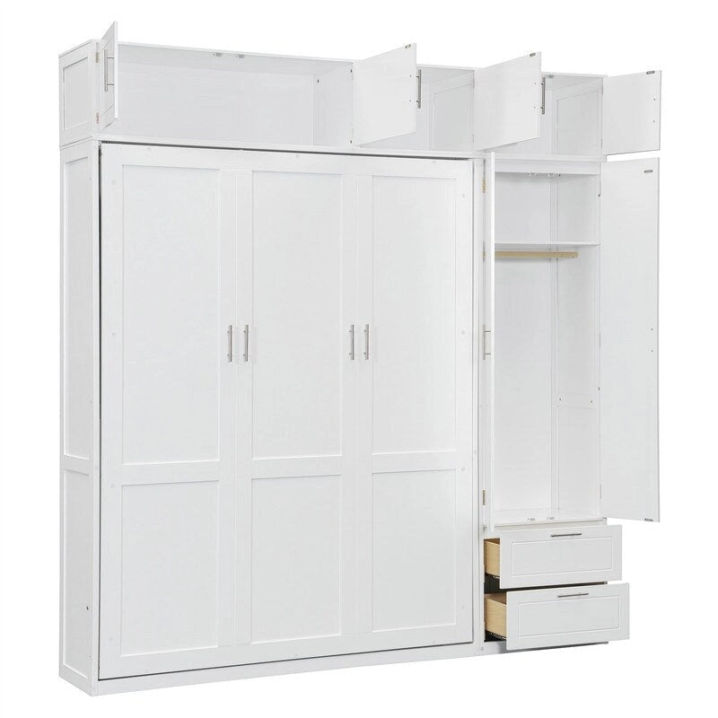 Lit mural escamotable avec armoire, étagères de rangement et tiroirs, Gris