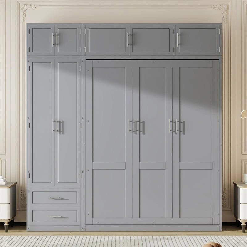 Lit mural escamotable avec armoire, étagères de rangement et tiroirs, Gris