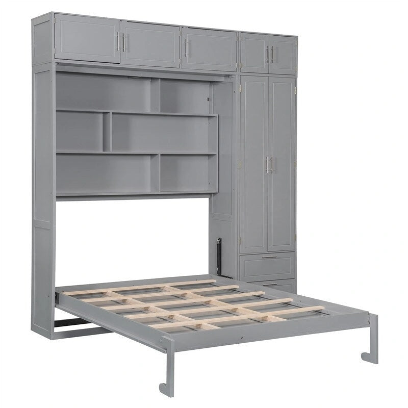 Lit mural escamotable avec armoire, étagères de rangement et tiroirs, Gris
