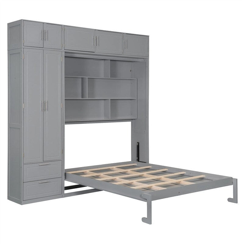 Lit mural escamotable avec armoire, étagères de rangement et tiroirs, Gris