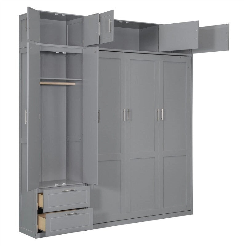 Lit mural escamotable avec armoire, étagères de rangement et tiroirs, Gris