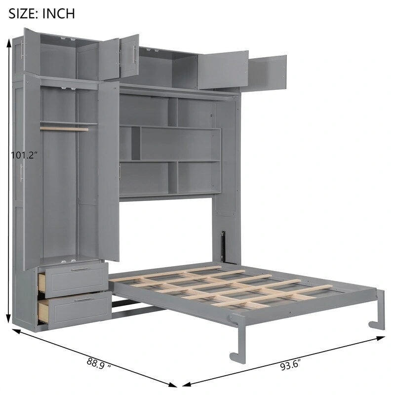 Lit mural escamotable avec armoire, étagères de rangement et tiroirs, Gris