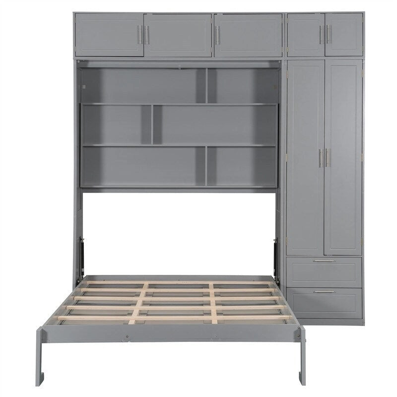 Lit mural escamotable avec armoire, étagères de rangement et tiroirs, Gris