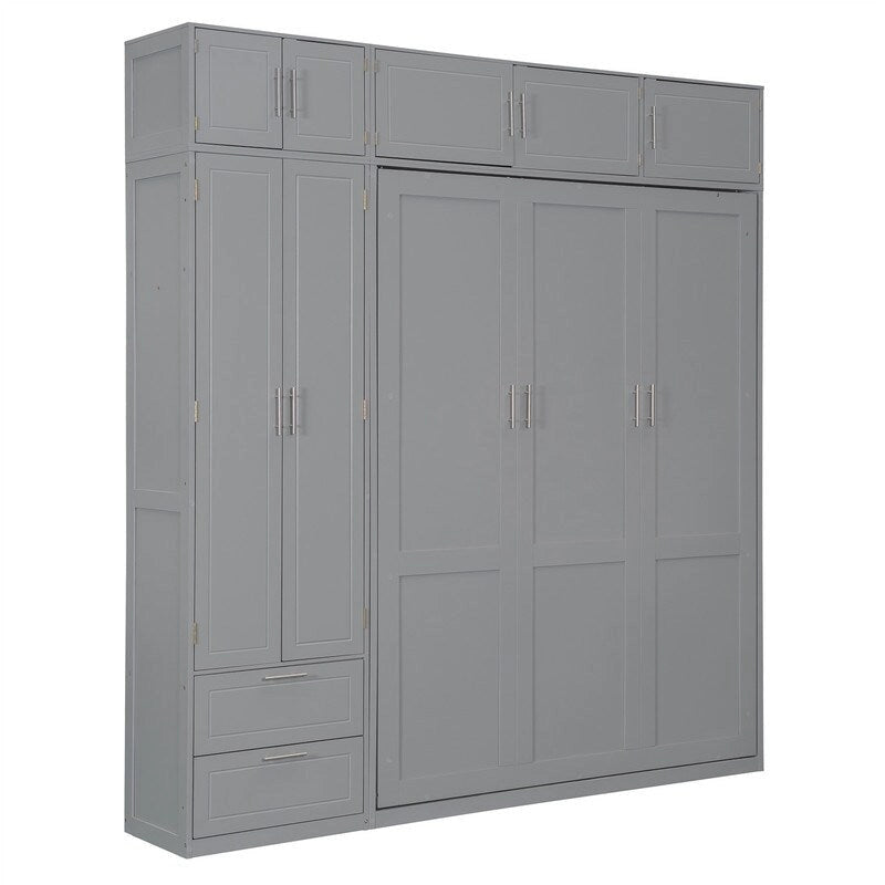 Lit mural escamotable avec armoire, étagères de rangement et tiroirs, Gris
