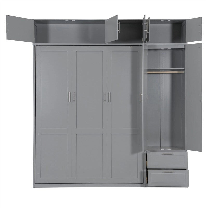 Lit mural escamotable avec armoire, étagères de rangement et tiroirs, Gris