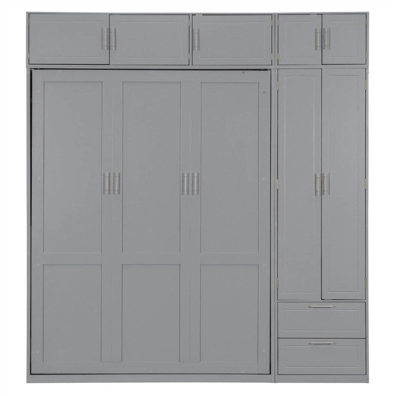 Lit mural escamotable avec armoire, étagères de rangement et tiroirs, Gris