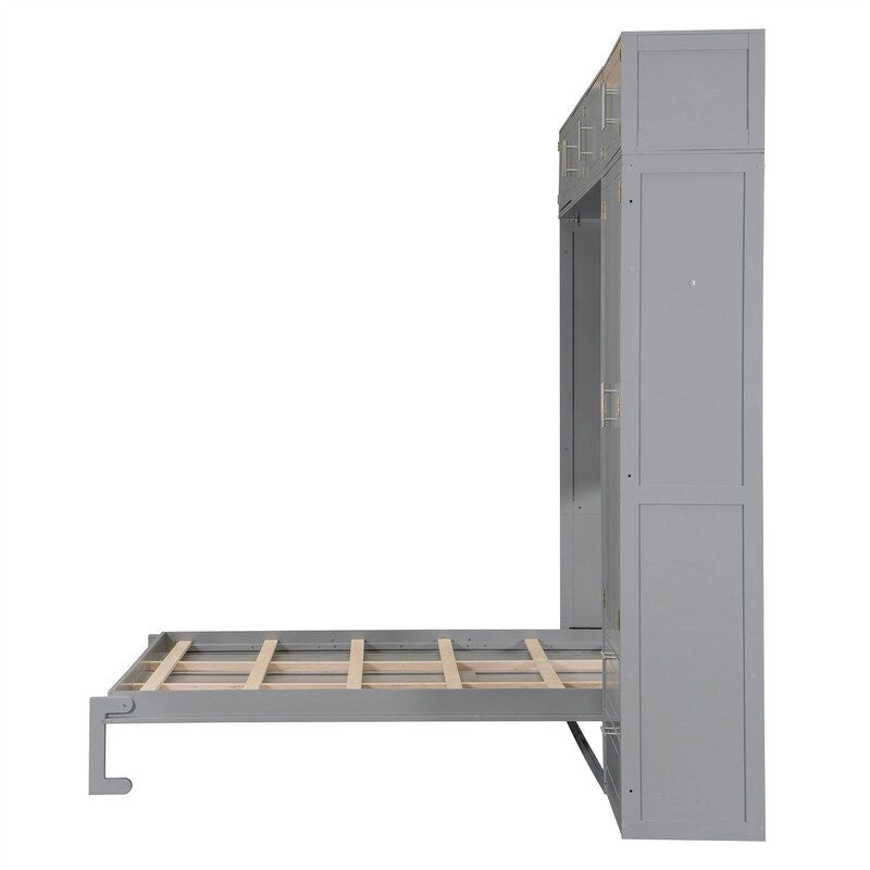 Lit mural escamotable avec armoire, étagères de rangement et tiroirs, Gris