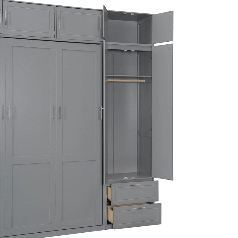 Lit mural escamotable avec armoire, étagères de rangement et tiroirs, Gris