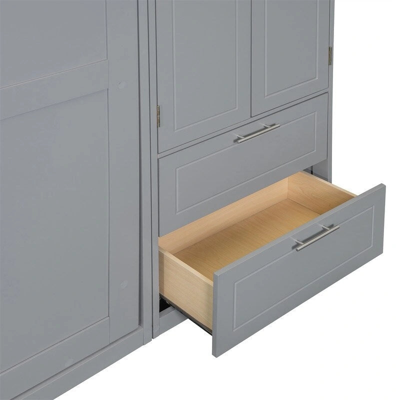 Lit mural escamotable avec armoire, étagères de rangement et tiroirs, Gris
