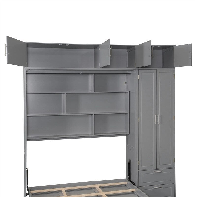 Lit mural escamotable avec armoire, étagères de rangement et tiroirs, Gris