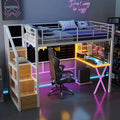 Lit mezzanine en métal avec escalier de rangement, bureau, armoire et lumières LED blanches