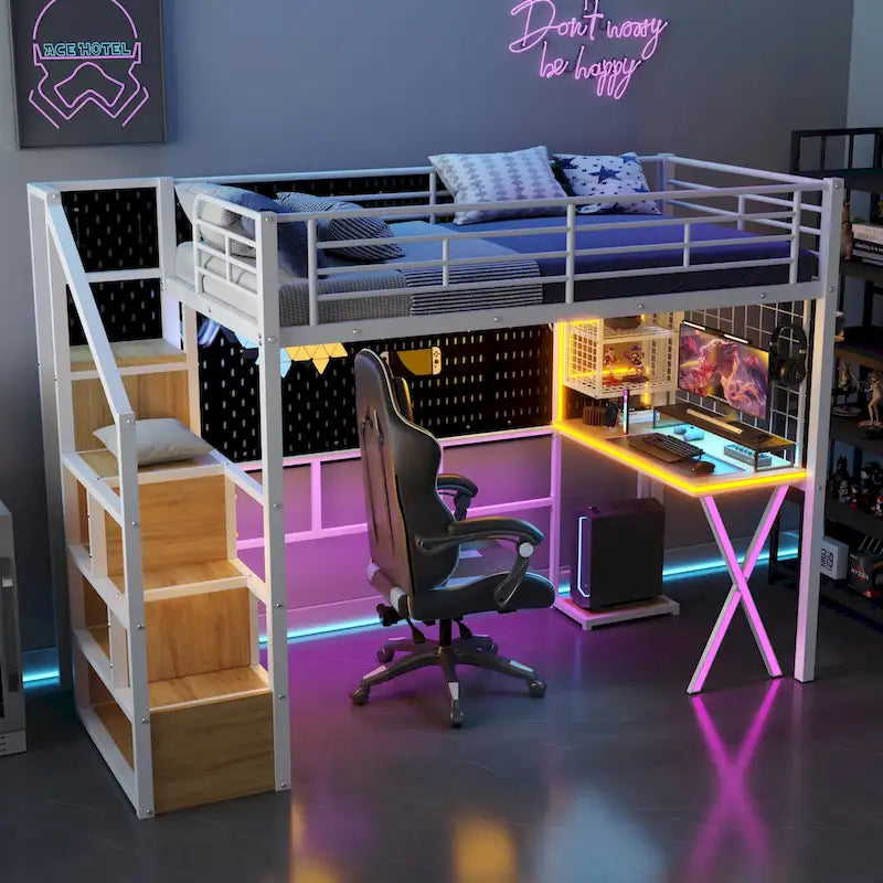 Metal Loft Bed with Storage Staircase Desk Wardrobe and LED Lights White