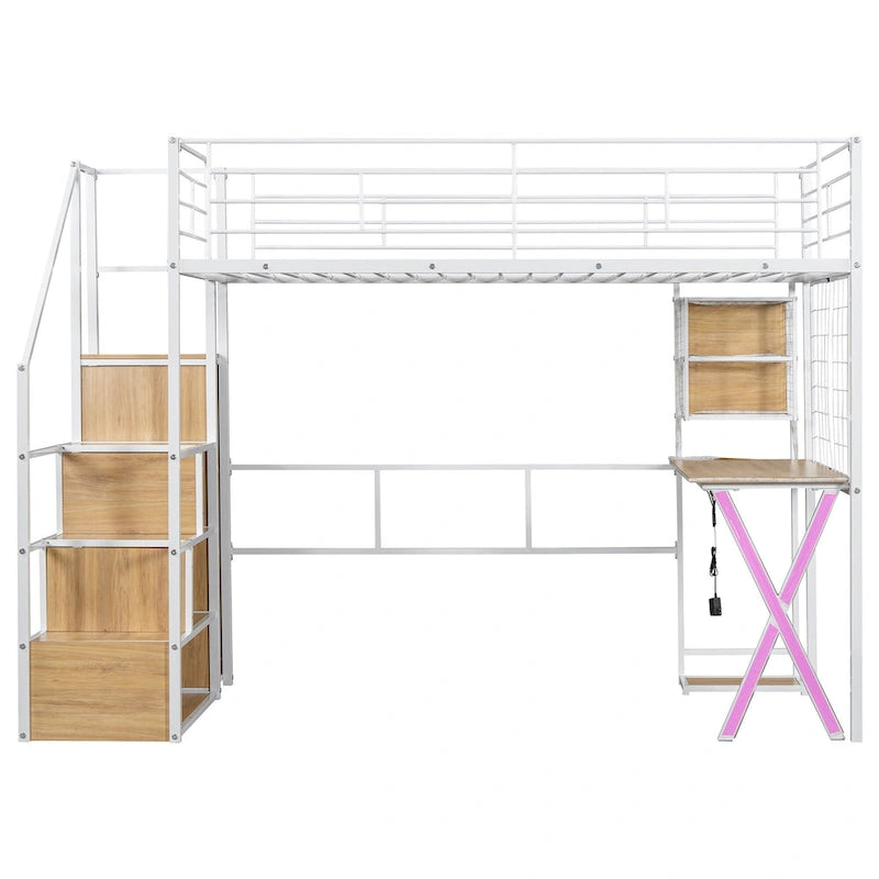 Metal Loft Bed with Storage Staircase Desk Wardrobe and LED Lights White