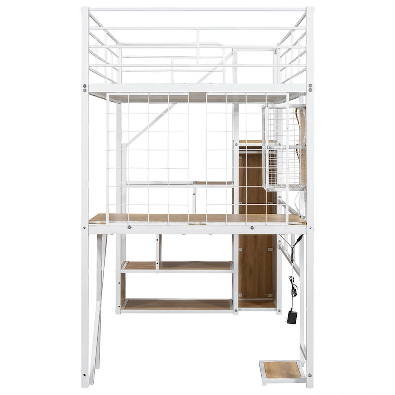 Metal Loft Bed with Storage Staircase Desk Wardrobe and LED Lights White