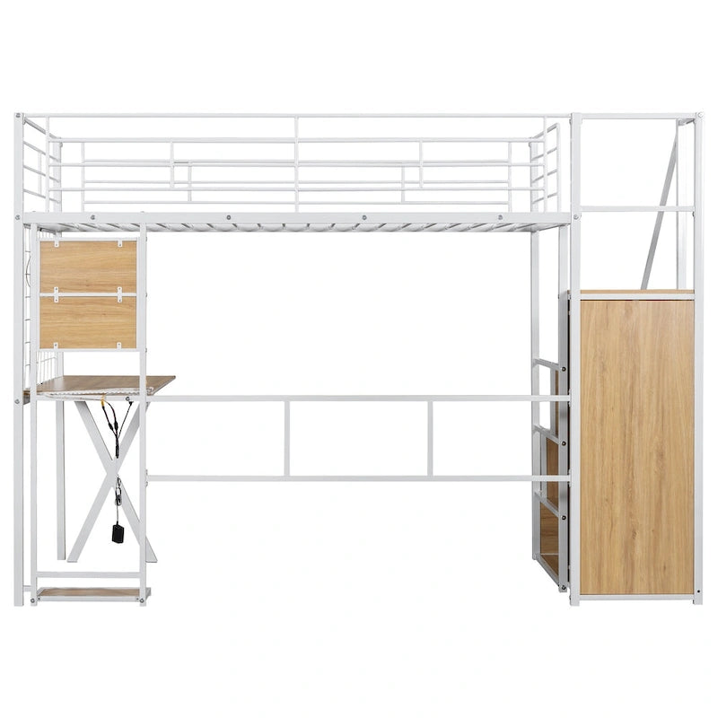 Lit mezzanine en métal avec escalier de rangement, bureau, armoire et lumières LED blanches