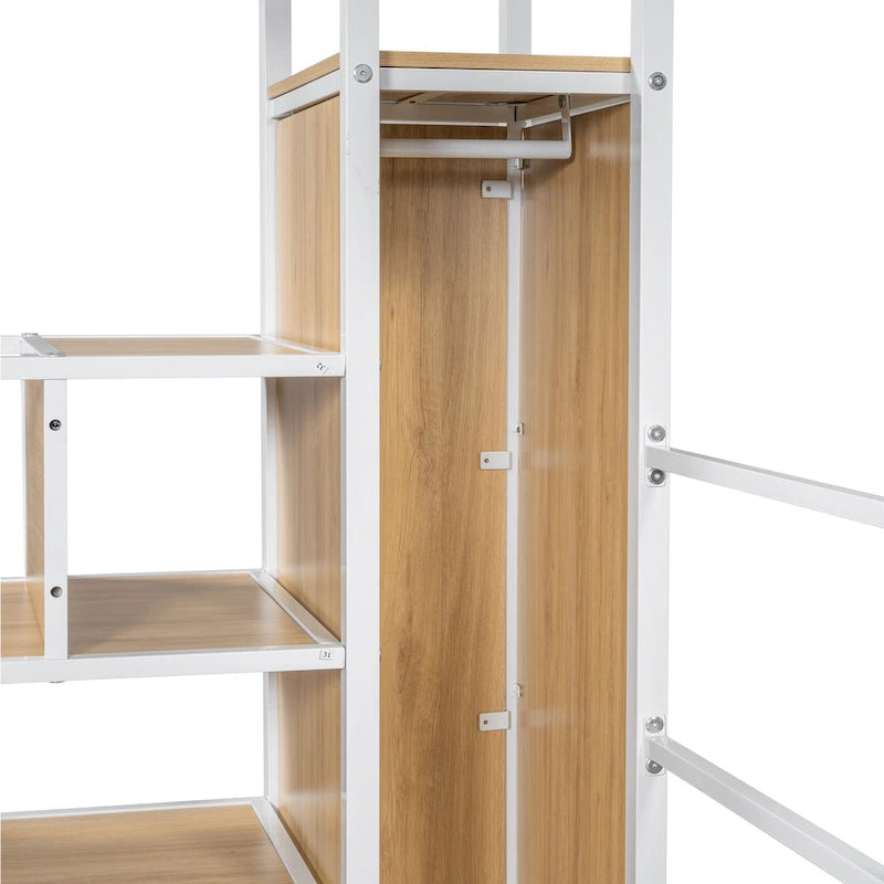 Lit mezzanine en métal avec escalier de rangement, bureau, armoire et lumières LED blanches