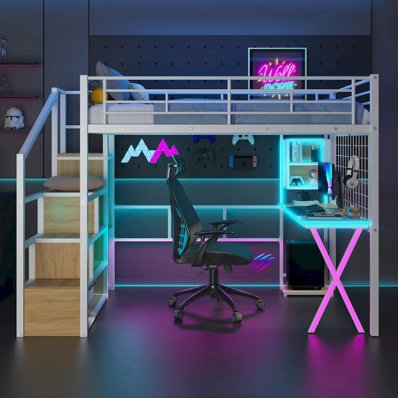 Metal Loft Bed with Storage Staircase Desk Wardrobe and LED Lights White