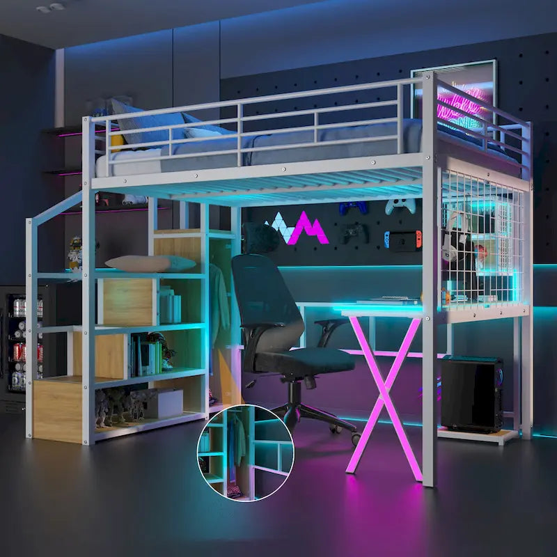 Lit mezzanine en métal avec escalier de rangement, bureau, armoire et lumières LED blanches