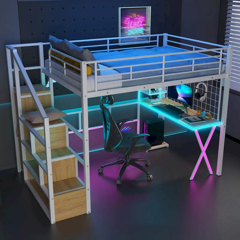 Lit mezzanine en métal avec escalier de rangement, bureau, armoire et lumières LED blanches
