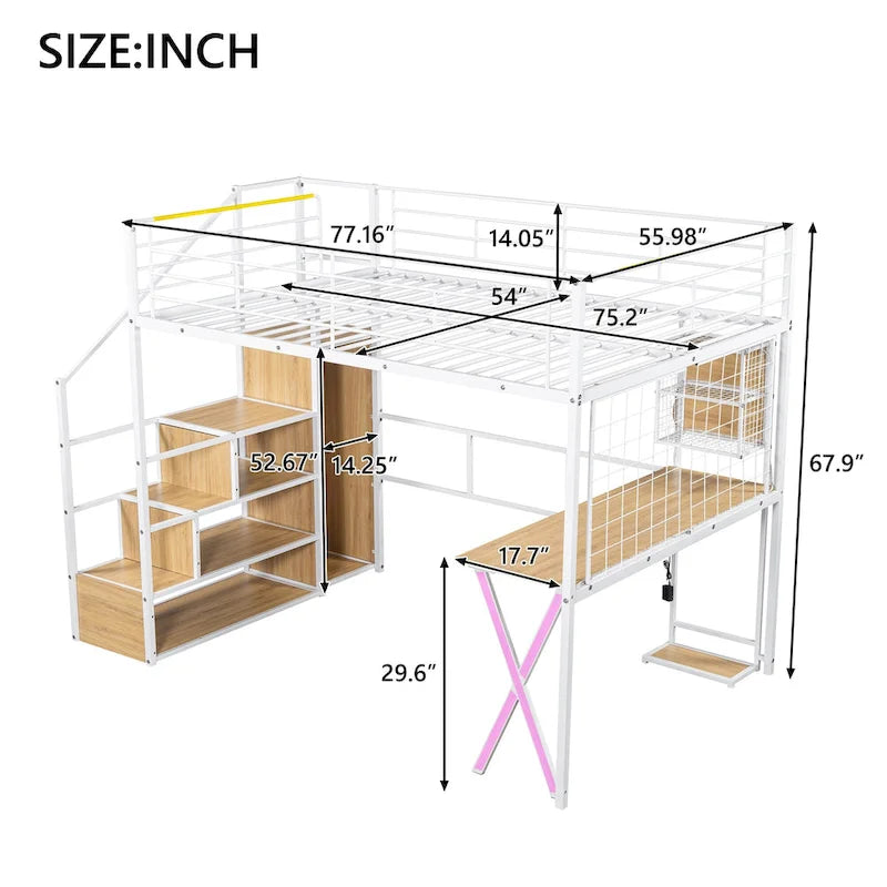 Lit mezzanine en métal avec escalier de rangement, bureau, armoire et lumières LED blanches