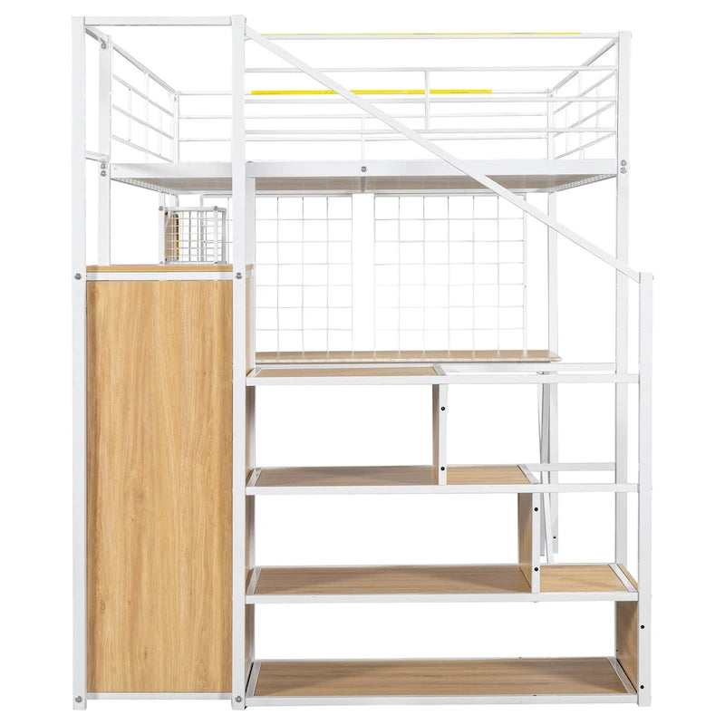 Lit mezzanine en métal avec escalier de rangement, bureau, armoire et lumières LED blanches