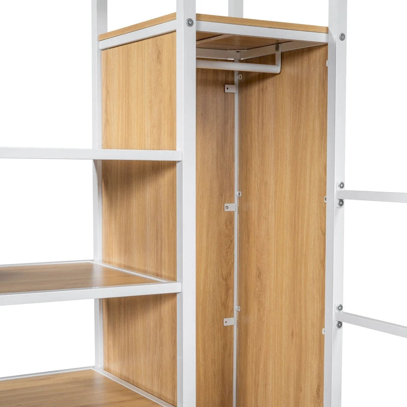 Lit mezzanine en métal avec escalier de rangement, bureau, armoire et lumières LED blanches