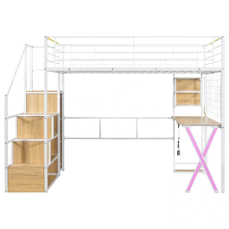Lit mezzanine en métal avec escalier de rangement, bureau, armoire et lumières LED blanches