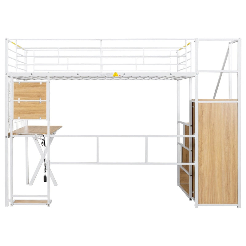 Lit mezzanine en métal avec escalier de rangement, bureau, armoire et lumières LED blanches