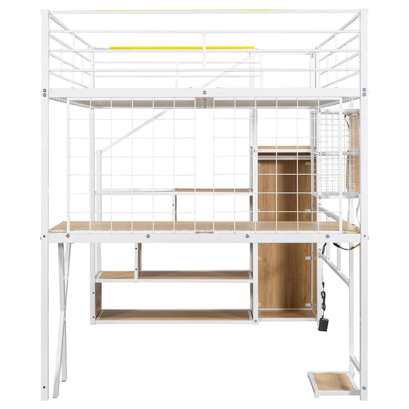 Lit mezzanine en métal avec escalier de rangement, bureau, armoire et lumières LED blanches