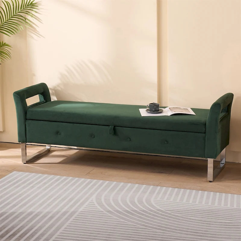 Banc de rangement en velours avec accoudoirs, assise en mousse, cadre en bois, plusieurs options de couleurs