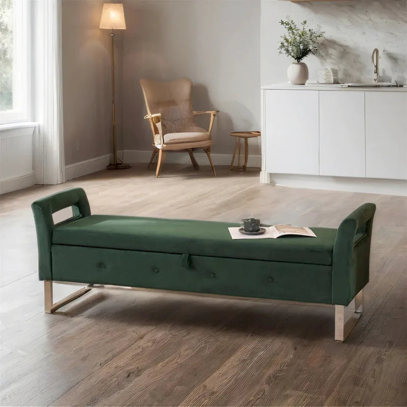 Banc de rangement en velours avec accoudoirs, assise en mousse, cadre en bois, plusieurs options de couleurs