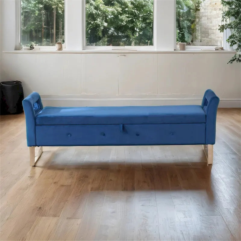 Banc de rangement en velours avec accoudoirs, assise en mousse, cadre en bois, plusieurs options de couleurs