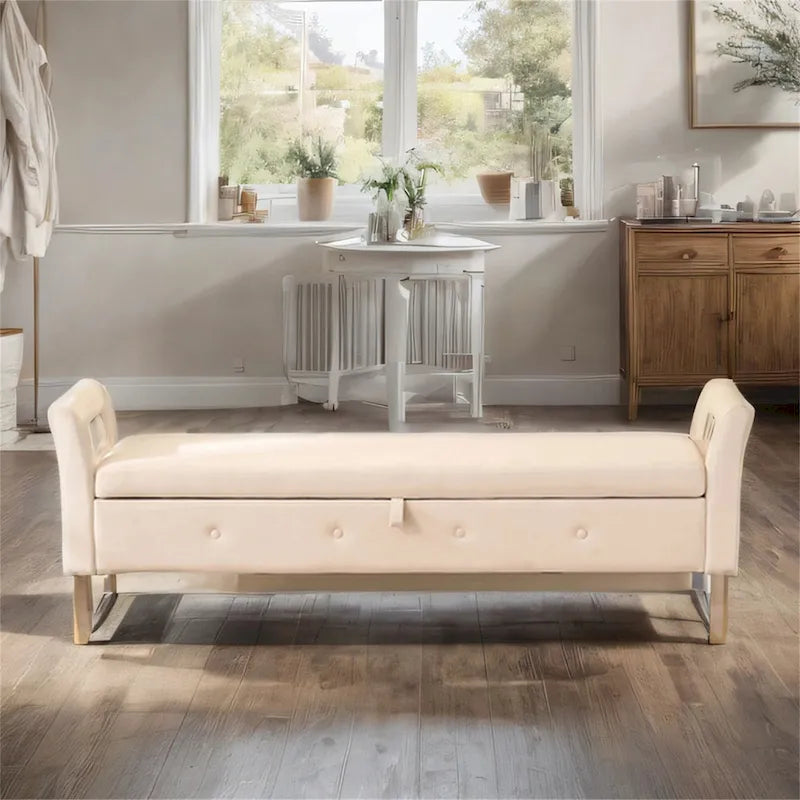 Banc de rangement en velours avec accoudoirs, assise en mousse, cadre en bois, plusieurs options de couleurs