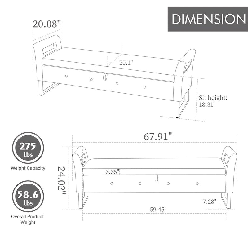 Banc de rangement en velours avec accoudoirs, assise en mousse, cadre en bois, plusieurs options de couleurs