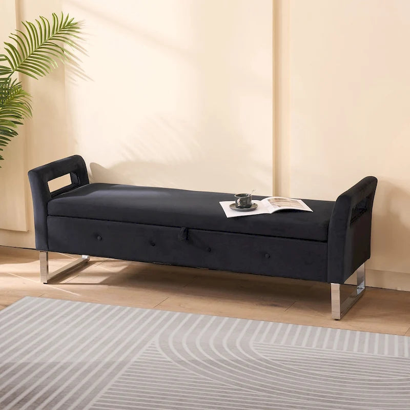 Banc de rangement en velours avec accoudoirs, assise en mousse, cadre en bois, plusieurs options de couleurs