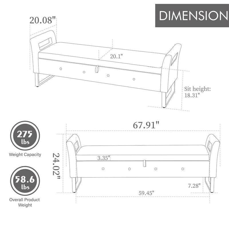 Banc de rangement en velours avec accoudoirs, assise en mousse, cadre en bois, plusieurs options de couleurs
