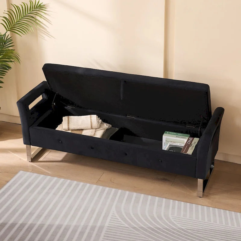 Banc de rangement en velours avec accoudoirs, assise en mousse, cadre en bois, plusieurs options de couleurs