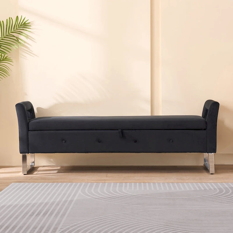 Banc de rangement en velours avec accoudoirs, assise en mousse, cadre en bois, plusieurs options de couleurs