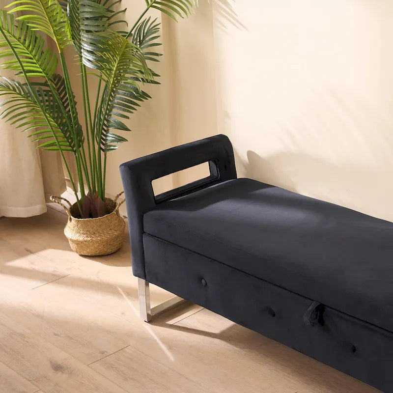Banc de rangement en velours avec accoudoirs, assise en mousse, cadre en bois, plusieurs options de couleurs