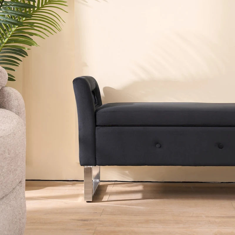 Banc de rangement en velours avec accoudoirs, assise en mousse, cadre en bois, plusieurs options de couleurs
