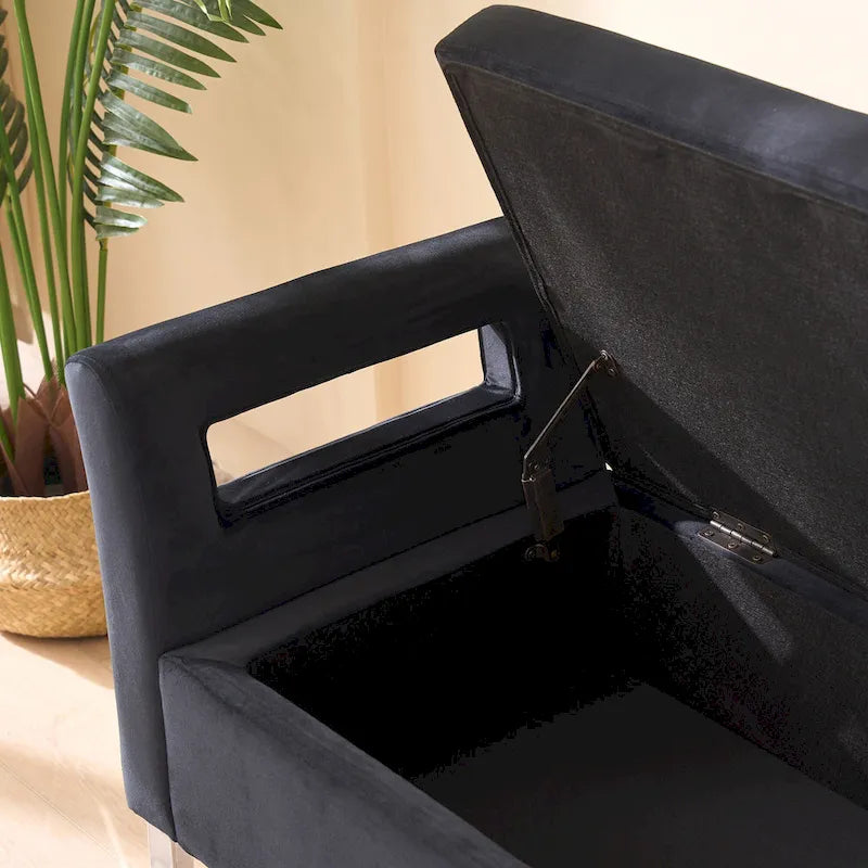 Banc de rangement en velours avec accoudoirs, assise en mousse, cadre en bois, plusieurs options de couleurs