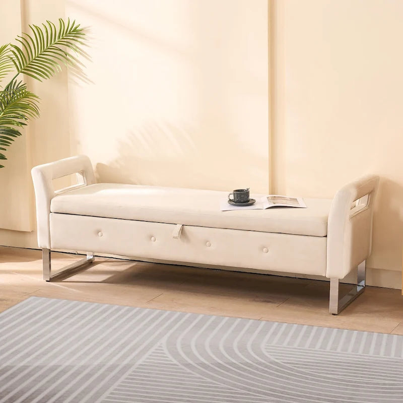 Banc de rangement en velours avec accoudoirs, assise en mousse, cadre en bois, plusieurs options de couleurs
