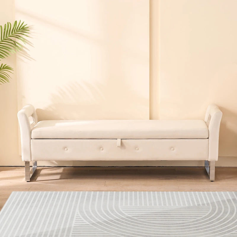 Banc de rangement en velours avec accoudoirs, assise en mousse, cadre en bois, plusieurs options de couleurs