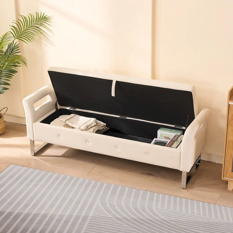 Banc de rangement en velours avec accoudoirs, assise en mousse, cadre en bois, plusieurs options de couleurs