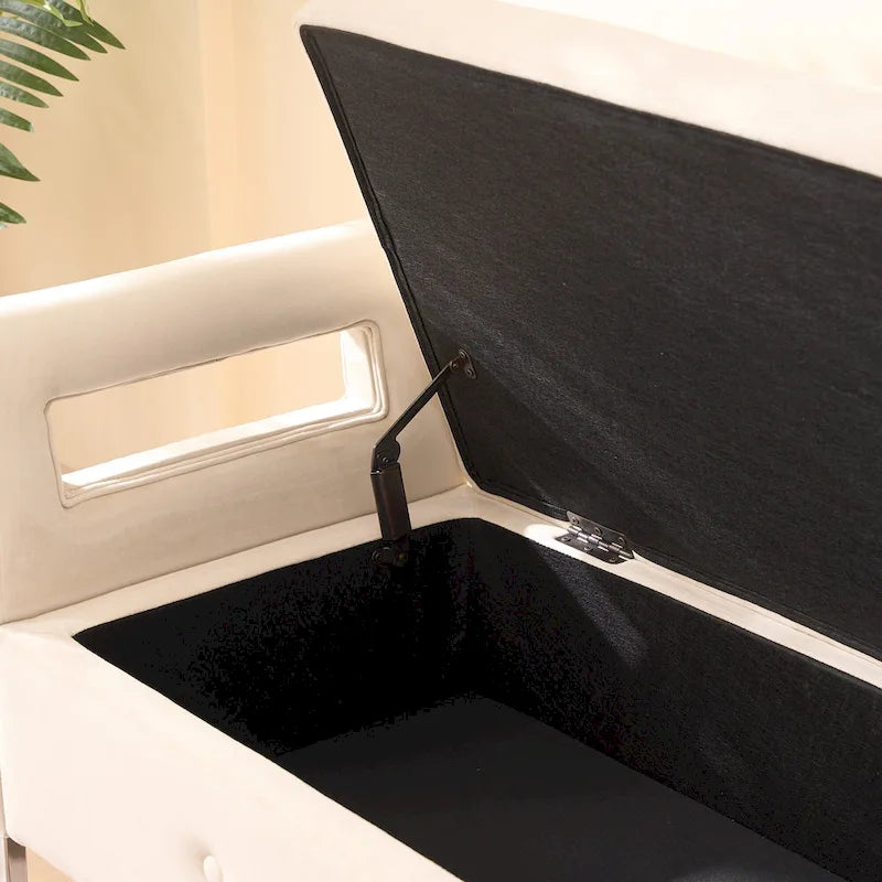 Banc de rangement en velours avec accoudoirs, assise en mousse, cadre en bois, plusieurs options de couleurs
