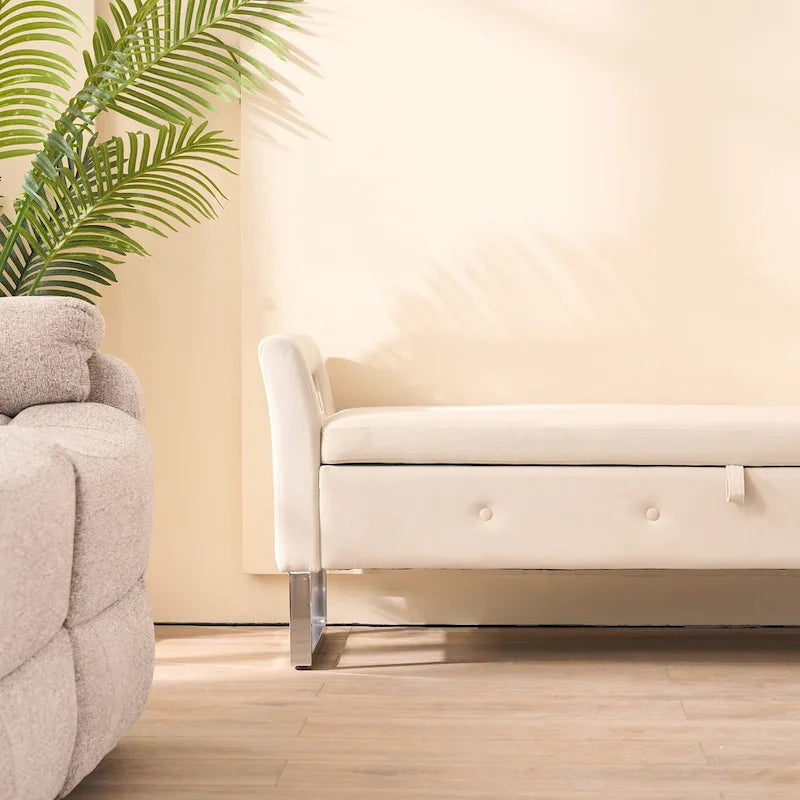 Banc de rangement en velours avec accoudoirs, assise en mousse, cadre en bois, plusieurs options de couleurs