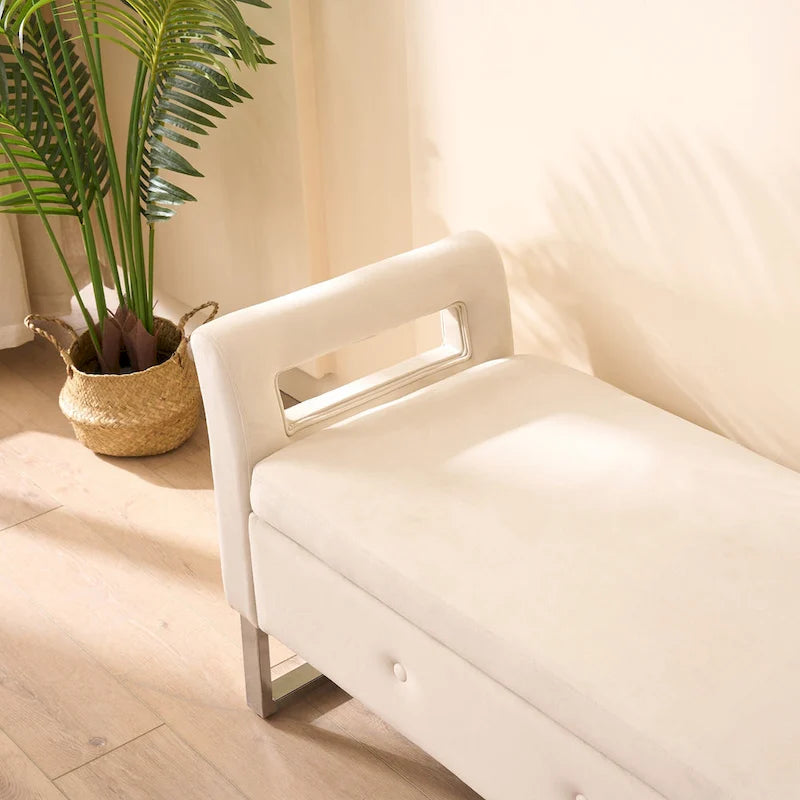 Banc de rangement en velours avec accoudoirs, assise en mousse, cadre en bois, plusieurs options de couleurs