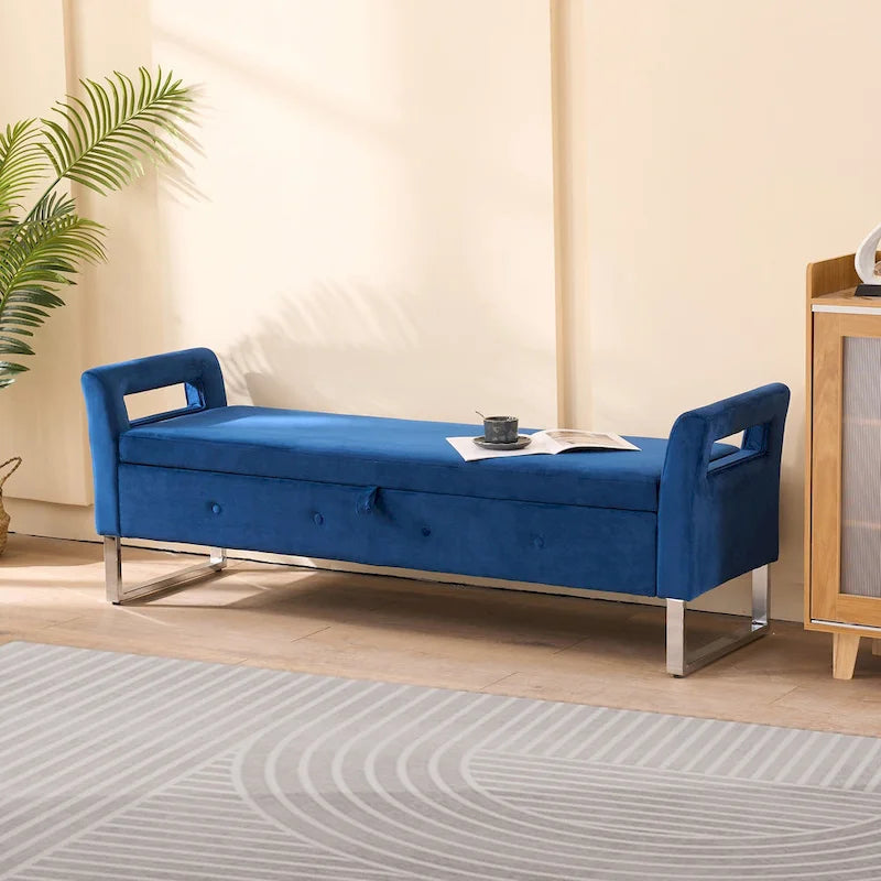 Banc de rangement en velours avec accoudoirs, assise en mousse, cadre en bois, plusieurs options de couleurs