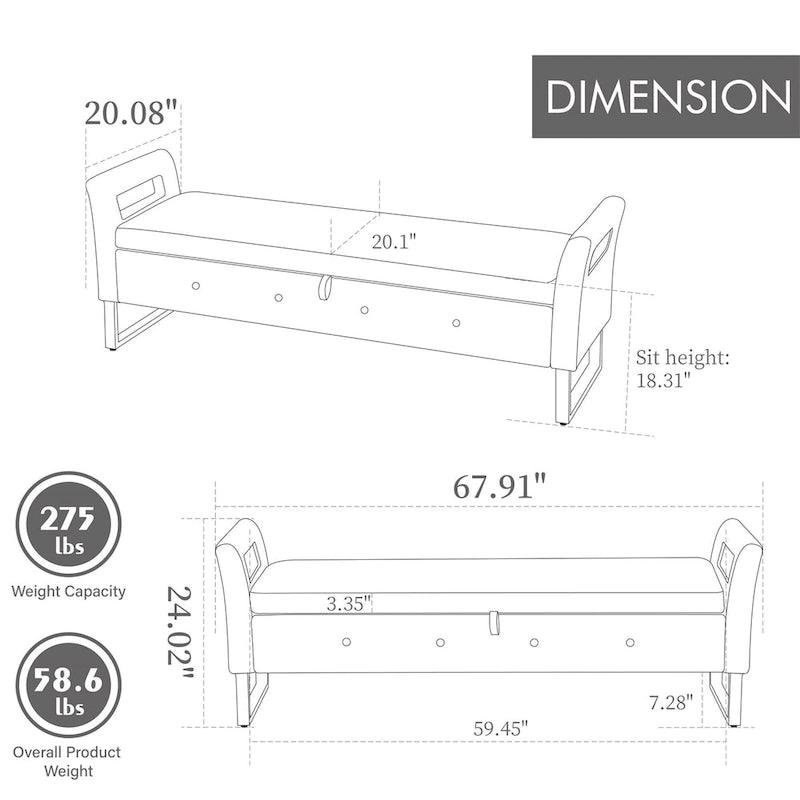Banc de rangement en velours avec accoudoirs, assise en mousse, cadre en bois, plusieurs options de couleurs