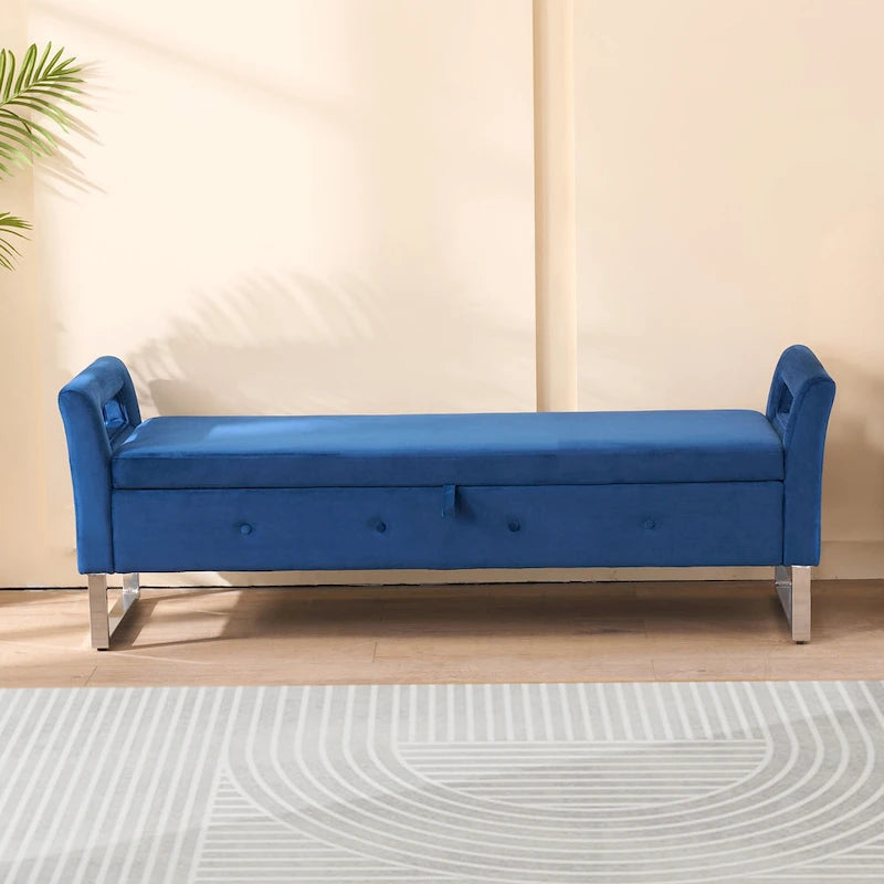 Banc de rangement en velours avec accoudoirs, assise en mousse, cadre en bois, plusieurs options de couleurs
